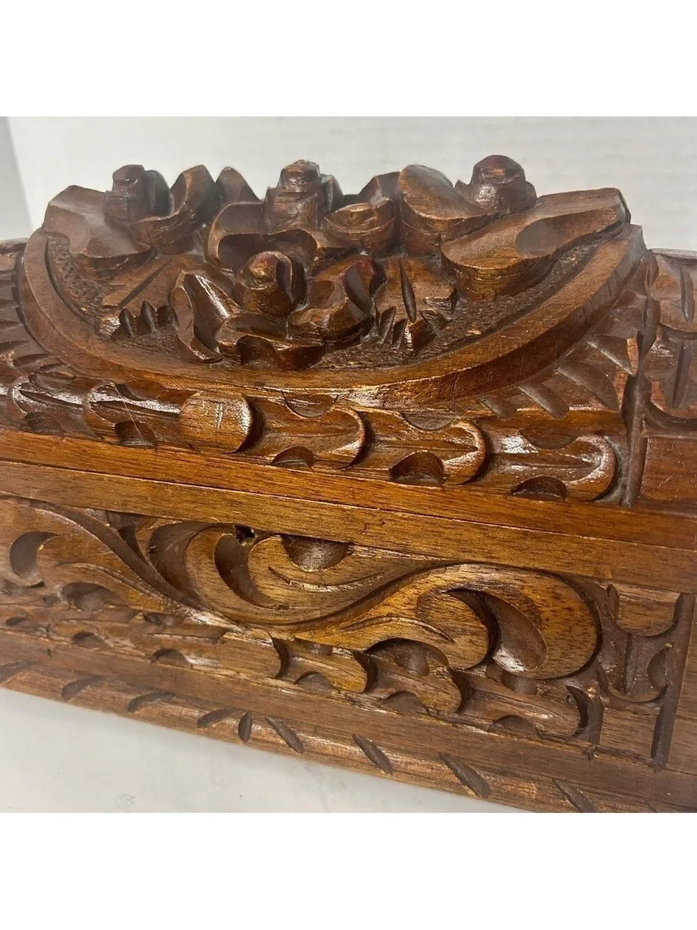 Antique Footed Hand carved Wooden Box Primitive Doned Floral Design Storage